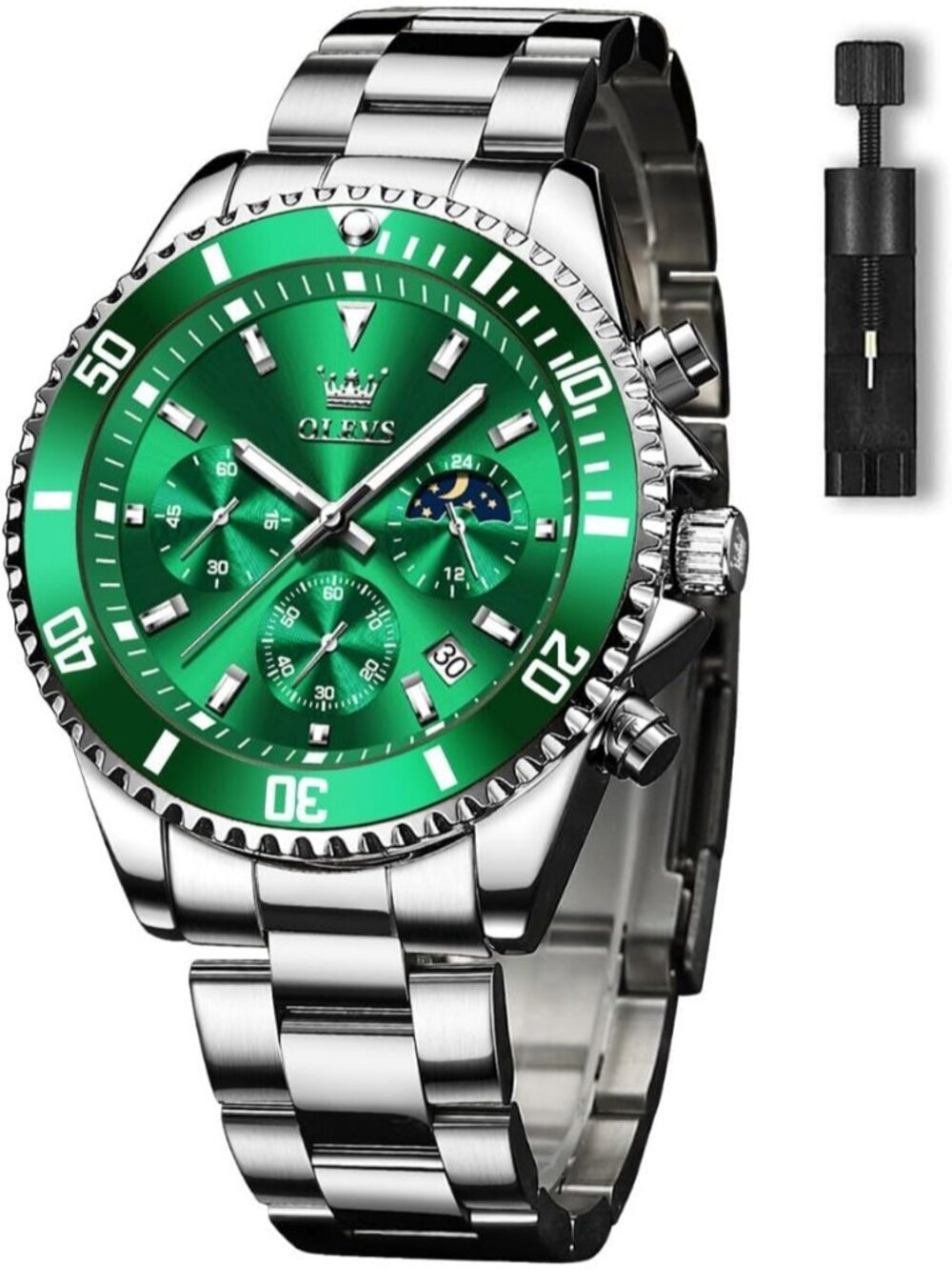 Men's Green Premium Silver Stainless Analog Rotatable Bezel Round Steel Watch